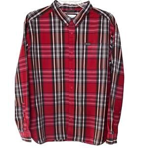 COLUMBIA LONG SLEEVE BUTTON-DOWN SHIRT, MENS, XXL, RED BROWN GREY WHITE PLAID